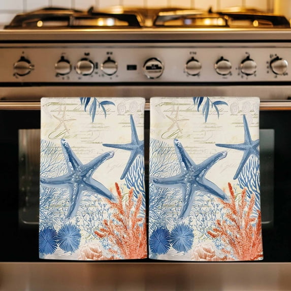 Navy Blue Coastal Kitchen Towels Set of 1, Nautical Summer Beach Ocean Coral Starfish Absorbent Dish Towels for Kitchen, Microfiber Hand Towel, Quick Drying Tea Towel for Cleaning Dishcloths