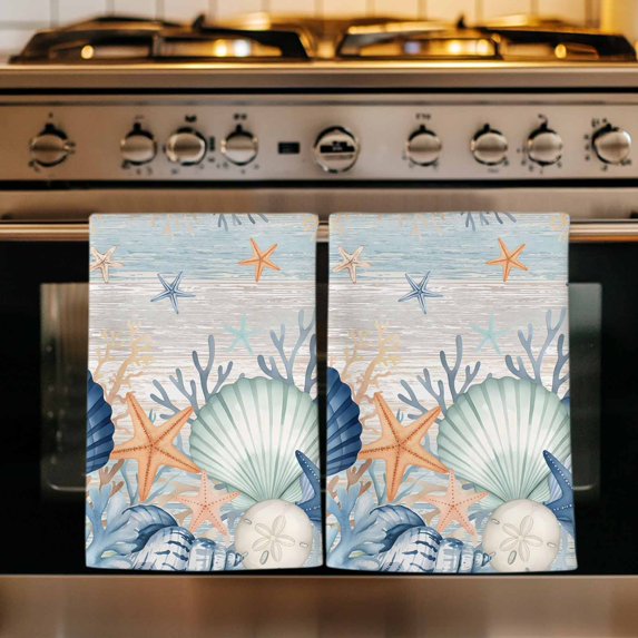 Navy Blue Coastal Kitchen Towels Set of 1, Shell Starfish Coral Vintage Summer Beach Absorbent Dish Towels for Kitchen, Microfiber Hand Towel, Quick Drying Tea Towel for Cleaning Dishcloths