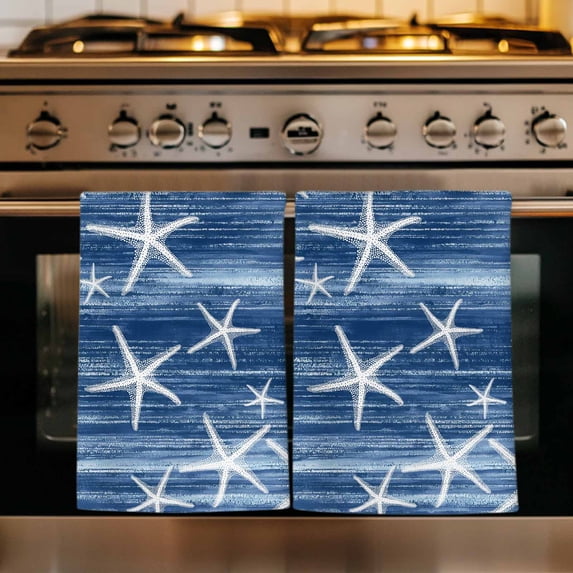 Navy Blue Coastal Kitchen Towels Set of 1, Summer Ocean Waves Ombre Sea Starfish Absorbent Dish Towels for Kitchen, Microfiber Hand Towel, Quick Drying Tea Towel for Cleaning Decorative Dishcloths