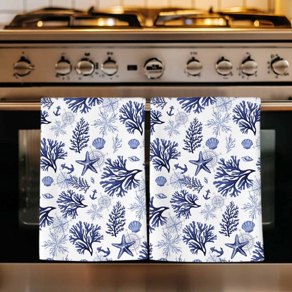 Navy Blue Coastal Kitchen Towels Set of 2, Coral Starfish Seaside Summer Beach Absorbent Dish Towels for Kitchen, Microfiber Hand Towel, Quick Drying Tea Towel for Cleaning Decorative Dishcloths