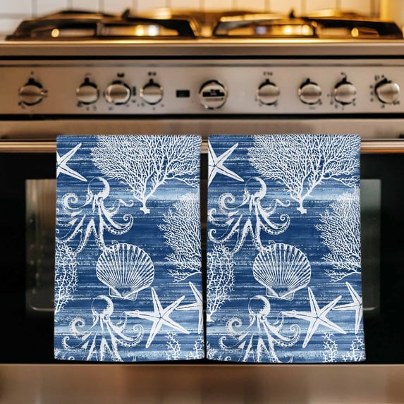 Navy Blue Coastal Kitchen Towels Set of 2, Nautical Coral Starfish Shell Octopus Sea Absorbent Dish Towels for Kitchen, Microfiber Hand Towel, Quick Drying Tea Towel for Cleaning Dishcloths