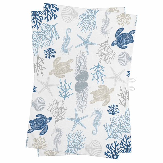 Navy Blue Coastal Kitchen Towels Set of 2, Water Absorbent Dish Towel, Nautical Summer Beach Coral Sea Turtle Decorative Hand Towels - Quick Drying Cloth for Cooking Baking, 18x28 Inch
