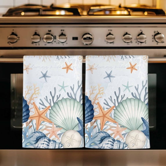 Navy Blue Coastal Kitchen Towels Set of 3, Shell Starfish Coral Nautical Summer Ocean Absorbent Dish Towels for Kitchen, Microfiber Hand Towel, Quick Drying Tea Towel for Cleaning Dishcloths