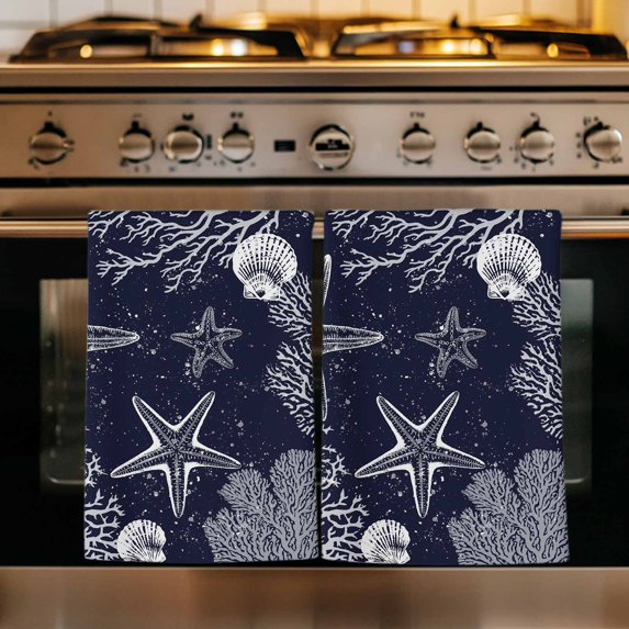Navy Blue Coastal Kitchen Towels Set of 3, Starfish Coral Summer Beach Ocean Absorbent Dish Towels for Kitchen, Microfiber Hand Towel, Quick Drying Tea Towel for Cleaning Decorative Dishcloths