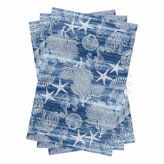 Navy Blue Coastal Kitchen Towels Set of 3, Water Absorbent Dish Towel, Nautical Coral Starfish Shell Seahorse Ocean Decorative Hand Towels - Quick Drying Cloth for Cooking Baking, 18x28 Inch