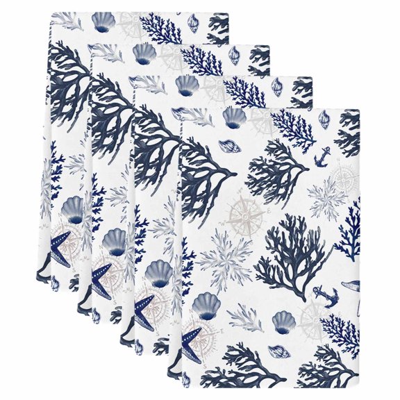 Navy Blue Coastal Kitchen Towels Set of 4, Absorbent Microfiber Dish Tea Towels with Hanging Loop, Coral Shell Summer Beach Nautical Resuable Hand Towel for Home Kitchen Cooking Cleaning 18"x28"