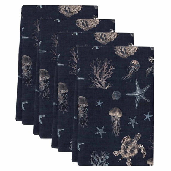 Navy Blue Coastal Kitchen Towels Set of 4,Absorbent Microfiber Dish Tea Towels with Hanging Loop,Nautical Summer Beach Sea Turtle Starfish Resuable Hand Towel for Home Kitchen Cleaning 18"x28"