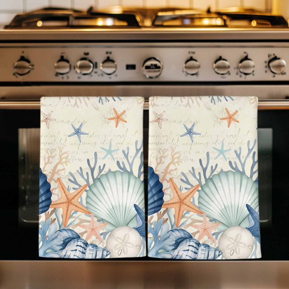 Navy Blue Coastal Kitchen Towels Set of 4, Shell Starfish Coral Nautical Beige Ocean Absorbent Dish Towels for Kitchen, Microfiber Hand Towel, Quick Drying Tea Towel for Cleaning Dishcloths