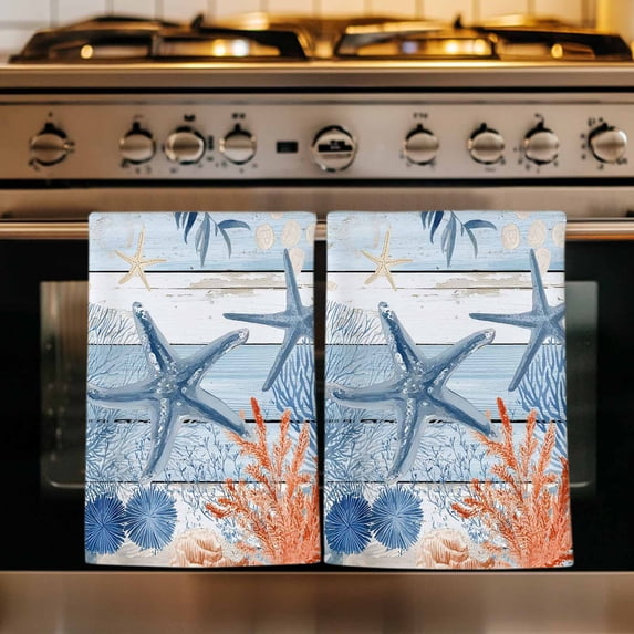 Navy Blue Coastal Kitchen Towels Set of 4, Starfish Coral Summer Nautical Wooden Absorbent Dish Towels for Kitchen, Microfiber Hand Towel, Quick Drying Tea Towel for Cleaning Decorative Dishcloths