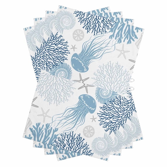 Navy Blue Coastal Kitchen Towels Set of 4, Water Absorbent Dish Towel, Coral Jellyfish Nautical Decorative Hand Towels - Quick Drying Cloth for Cooking Baking, 18x28 Inch