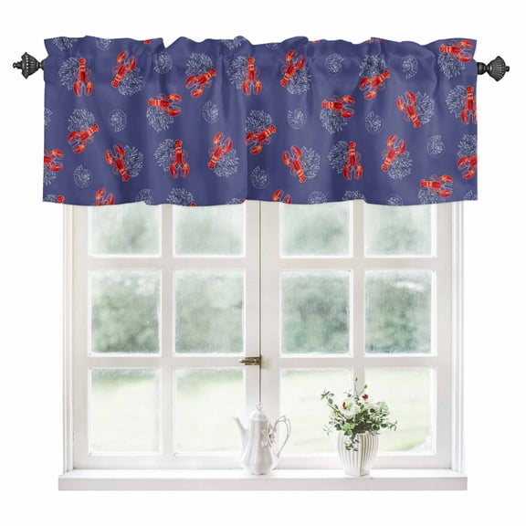 Navy Blue Coastal Kitchen Valances for Windows 42x18 Inch Kitchen Curtains Valances Rod Pocket Red Lobster Nautical Ocean Bathroom Window Valances for Window Treatment Decor