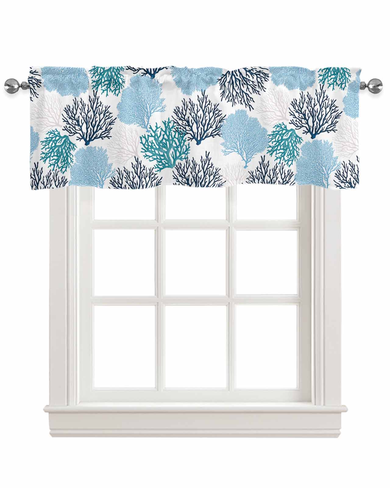 Navy Blue Coastal Kitchen Valances for Windows Farmhouse Linen Window Valance Curtain for Living Room Window Treatment Turquoise Coral Ocean Modern Sea Valance Rod Pocket Topper Drape, 42 x 12 Inch