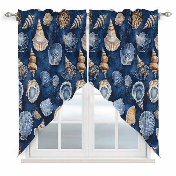 Navy Blue Coastal Kitchen Window Curtains, Swag Curtains Valance for Bedroom Living Room Bathroom, Nautical Summer Beach Shell Conch Rod Pocket Window Treatment Curtain Block Drapes 2 Panels 28"x36"