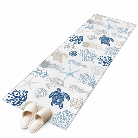 Navy Blue Coastal Large Area Rugs for Bedroom Living Room, Soft Non Slip Carpet Bedside Rug, Nautical Summer Beach Coral Sea Turtle Rectangular Floor Cover Kitchen Accent Rug 2'x6' for Office
