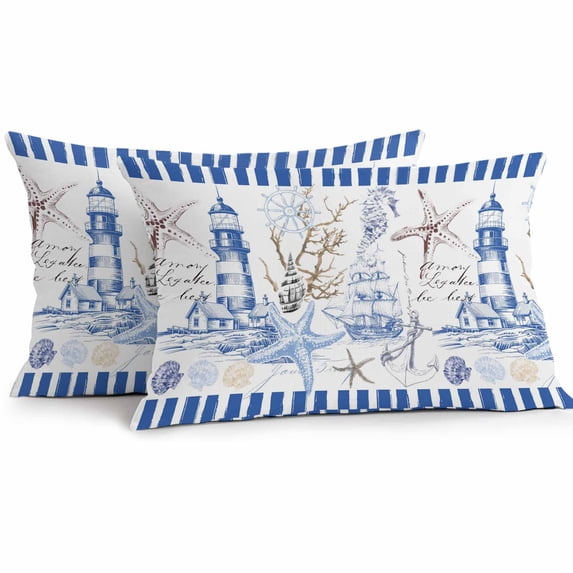 Navy Blue Coastal Lumbar Pillow Covers 20x12 Inch Set of 2, Summer Nautical Lighthouse Starfish Waterproof Outdoor Pillow Covers, Decorative Cushion Pillowcases for Couch, Sofa, Bed, Garden, Patio