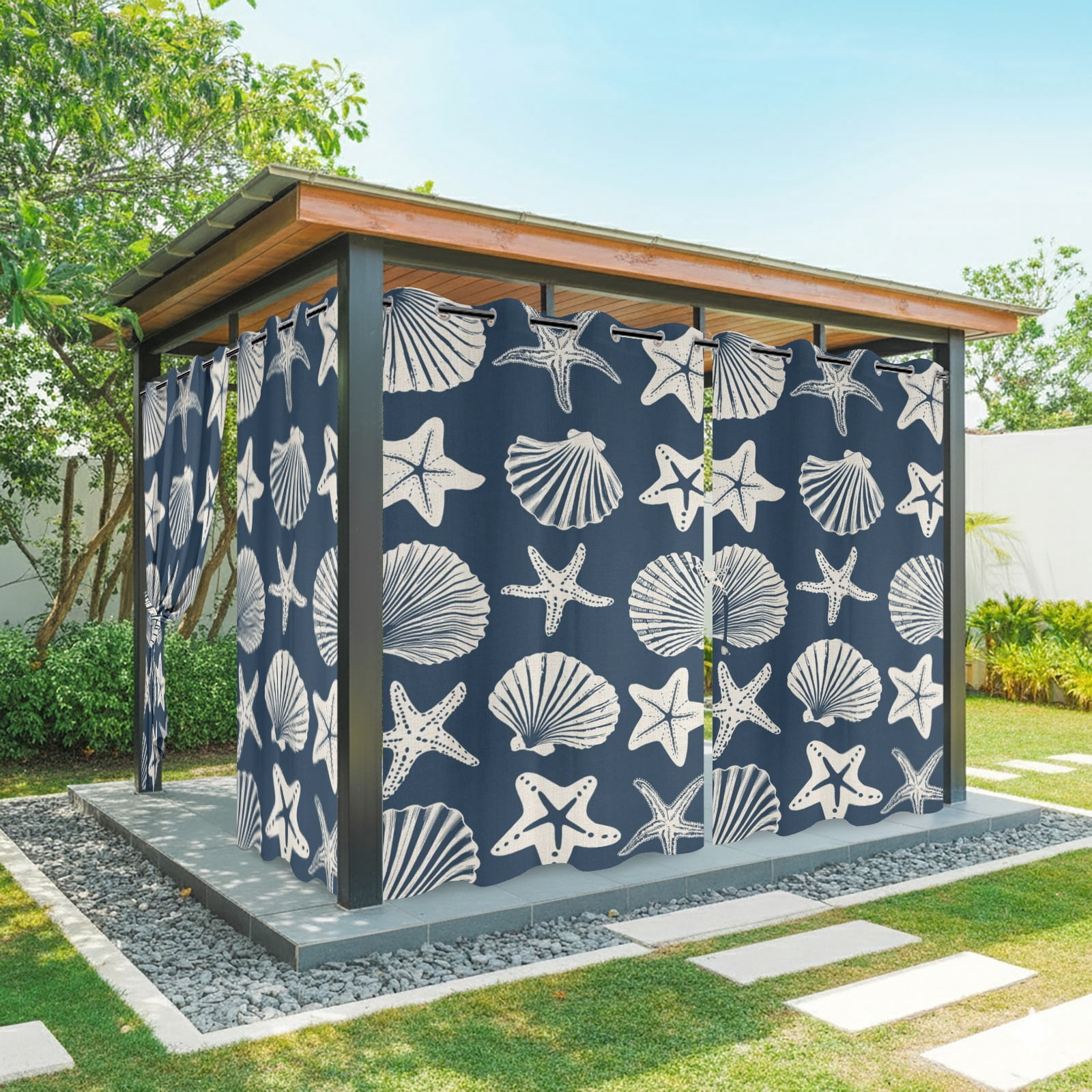 Navy Blue Coastal Outdoor Curtains for Patio, Starfish Shell Ocean Nautical Sunshade Privacy Drapes Grommet Waterproof Outside Curtains for Porch/Cabana/Balcony 54"x 108", 1 Panel