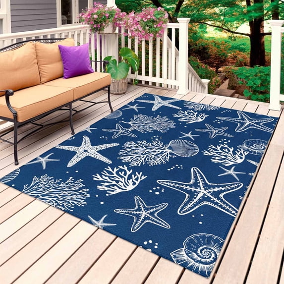 Navy Blue Coastal Outdoor Rug 4x6 Ft, Non Slip Washable Area Rug, Nautical Beach Starfish Coral Summer Patio Rugs Carpet Runner, Large Floor Mat for Indoor/Outdoor Deck Porch Camping