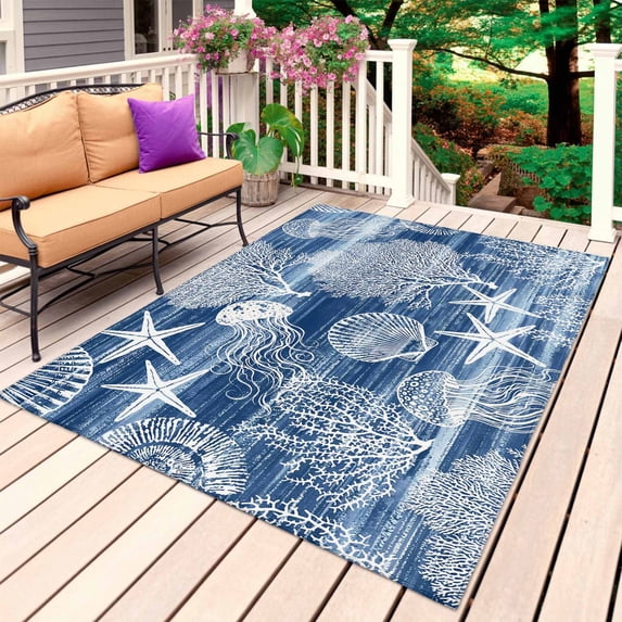 Navy Blue Coastal Outdoor Rug 4x6 Ft, Non Slip Washable Area Rug, Nautical Starfish Coral Jellyfish Shell Sea Patio Rugs Carpet Runner, Large Floor Mat for Indoor/Outdoor Deck Porch Camping