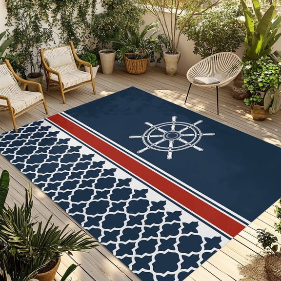 Navy Blue Coastal Outdoor Rug for Patio/Deck/Porch, Non-Slip Large Area Rug 3 x 5 Ft, Nautical Ocean Sea Rudder Abstract Art Indoor Outdoor Rugs Washable Area Rugs, Camping Rug Carpet Runner