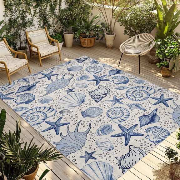 Navy Blue Coastal Outdoor Rug for Patio/Deck/Porch, Non-Slip Large Area Rug 3 x 5 Ft, Nautical Ocean Shell Starfish Sea Rustic Indoor Outdoor Rugs Washable Area Rugs, Camping Rug Carpet Runner