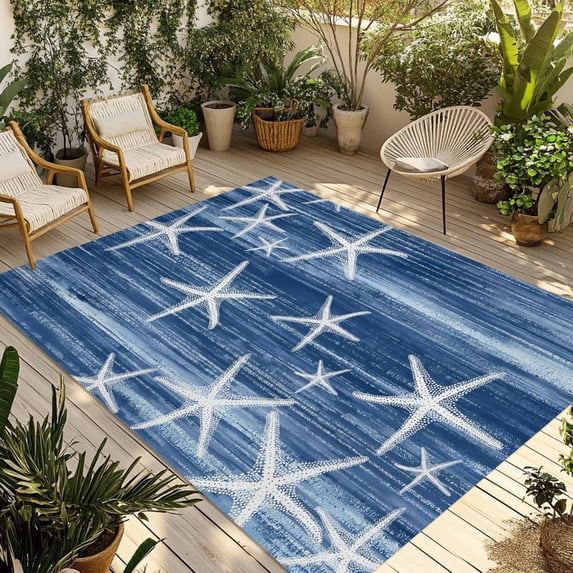 Navy Blue Coastal Outdoor Rug for Patio/Deck/Porch, Non-Slip Large Area Rug 3 x 5 Ft, Summer Ocean Waves Ombre Sea Starfish Indoor Outdoor Rugs Washable Area Rugs, Camping Rug Carpet Runner