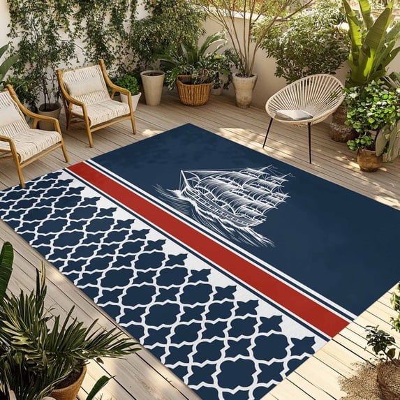Navy Blue Coastal Outdoor Rug for Patio/Deck/Porch, Non-Slip Large Area Rug 4 x 6 Ft, Nautical Ocean Sea Abstract Art Indoor Outdoor Rugs Washable Area Rugs, Reversible Camping Rug Carpet Runner