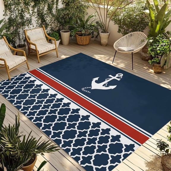 Navy Blue Coastal Outdoor Rug for Patio/Deck/Porch, Non-Slip Large Area Rug 4 x 6 Ft, Nautical Ocean Sea Anchor Abstract Art Indoor Outdoor Rugs Washable Area Rugs, Camping Rug Carpet Runner