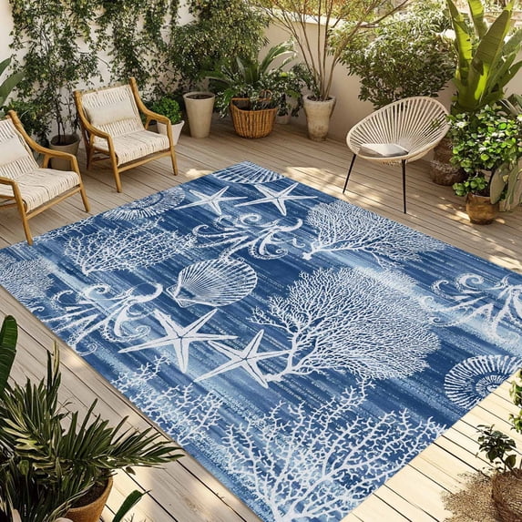 Navy Blue Coastal Outdoor Rug for Patio/Deck/Porch, Non-Slip Large Area Rug 5 x 7 Ft, Nautical Coral Starfish Shell Octopus Sea Indoor Outdoor Rugs Washable Area Rugs, Camping Rug Carpet Runner