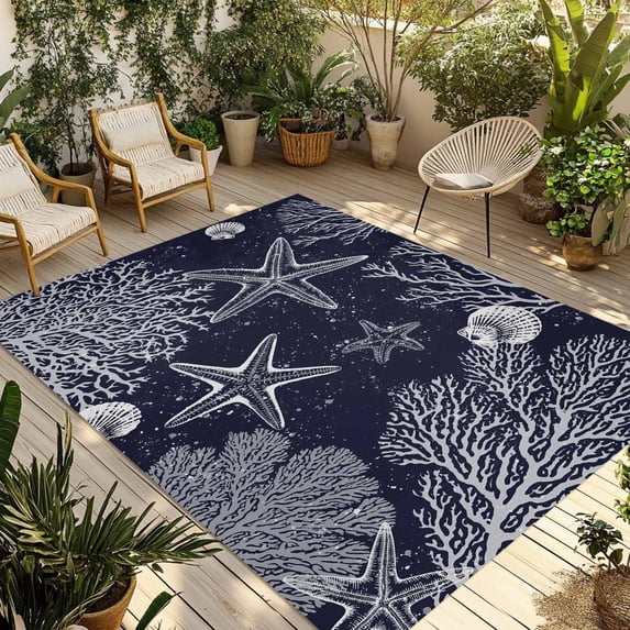 Navy Blue Coastal Outdoor Rug for Patio/Deck/Porch, Non-Slip Large Area Rug 5 x 7 Ft, Starfish Coral Summer Beach Ocean Indoor Outdoor Rugs Washable Area Rugs, Reversible Camping Rug Carpet Runner
