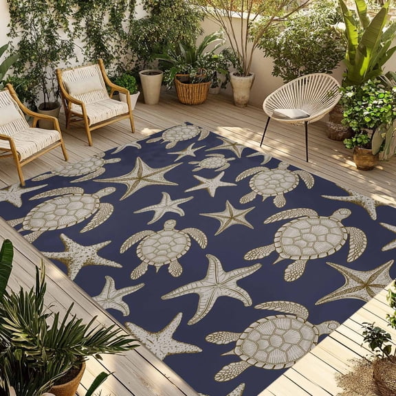 Navy Blue Coastal Outdoor Rug for Patio/Deck/Porch, Non-Slip Large Area Rug 5 x 8 Ft, Summer Beach Sea Turtle Starfish Nautical Indoor Outdoor Rugs Washable Area Rugs, Camping Rug Carpet Runner