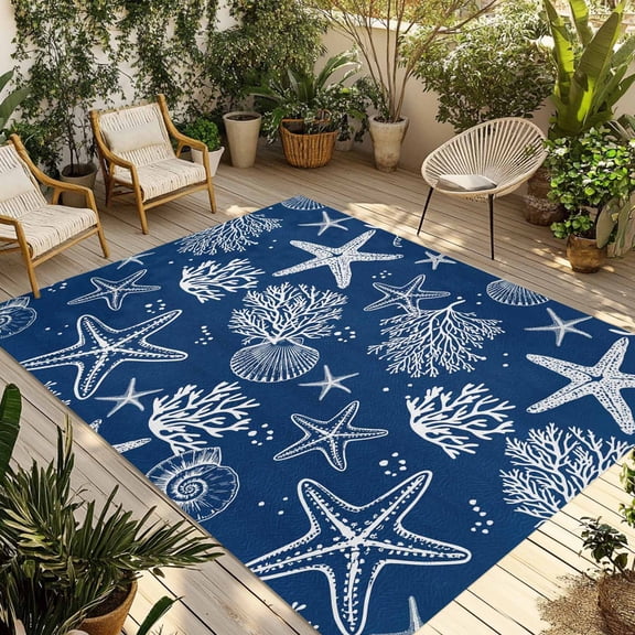Navy Blue Coastal Outdoor Rug for Patio/Deck/Porch, Non-Slip Large Area Rug 6 x 9 Ft, Nautical Beach Starfish Coral Summer Indoor Outdoor Rugs Washable Area Rugs, Reversible Camping Rug Carpet Runner