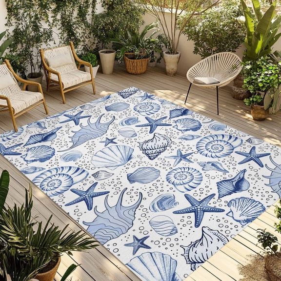 Navy Blue Coastal Outdoor Rug for Patio/Deck/Porch, Non-Slip Large Area Rug 6 x 9 Ft, Nautical Ocean Shell Starfish Sea Indoor Outdoor Rugs Washable Area Rugs, Reversible Camping Rug Carpet Runner