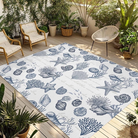 Navy Blue Coastal Outdoor Rug for Patio/Deck/Porch, Non-Slip Large Area Rug 6 x 9 Ft, Nautical Starfish Coral Shell Ocean Summer Indoor Outdoor Rugs Washable Area Rugs, Camping Rug Carpet Runner
