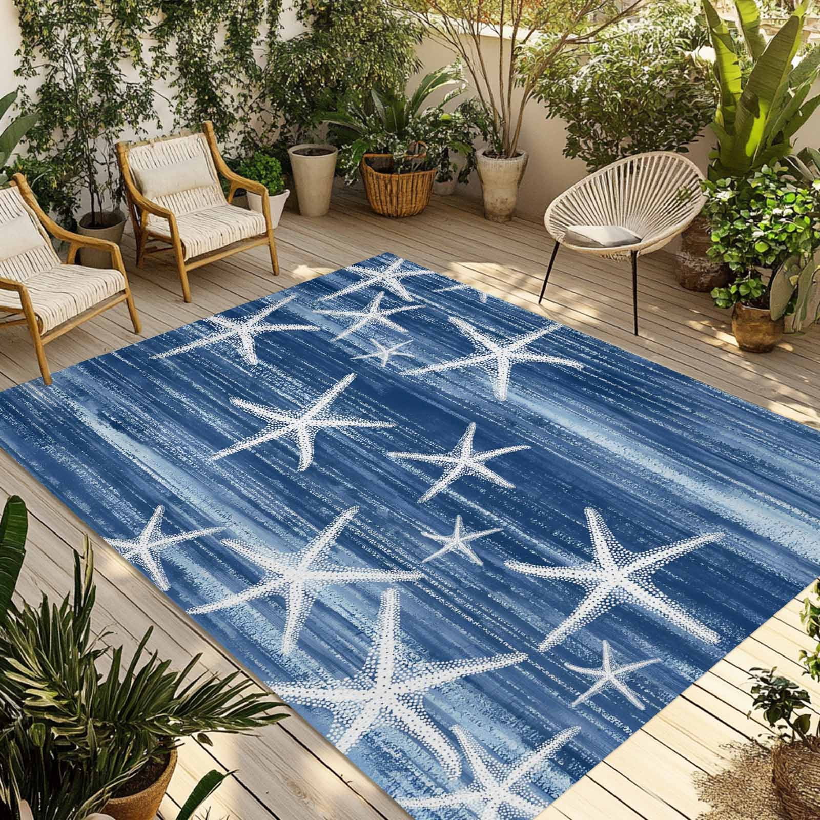 Navy Blue Coastal Outdoor Rug for Patio/Deck/Porch, Non-Slip Large Area Rug 6 x 9 Ft, Summer Ocean Waves Ombre Sea Starfish Indoor Outdoor Rugs Washable Area Rugs, Camping Rug Carpet Runner