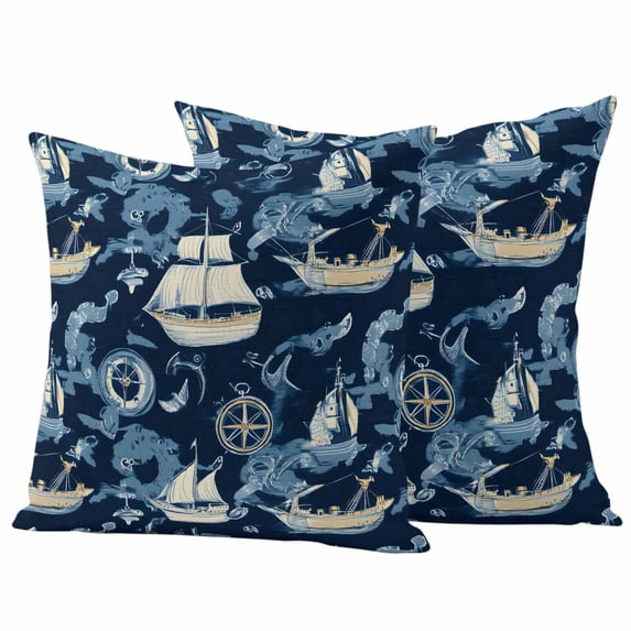 Navy Blue Coastal Outdoor Waterproof Pillow Covers, Nautical Boat Summer Beach Ocean Decorative Square Throw Pillowcase Sofa Cushion Sham for Patio/Couch/Chair, 26"x26" 2 Pack