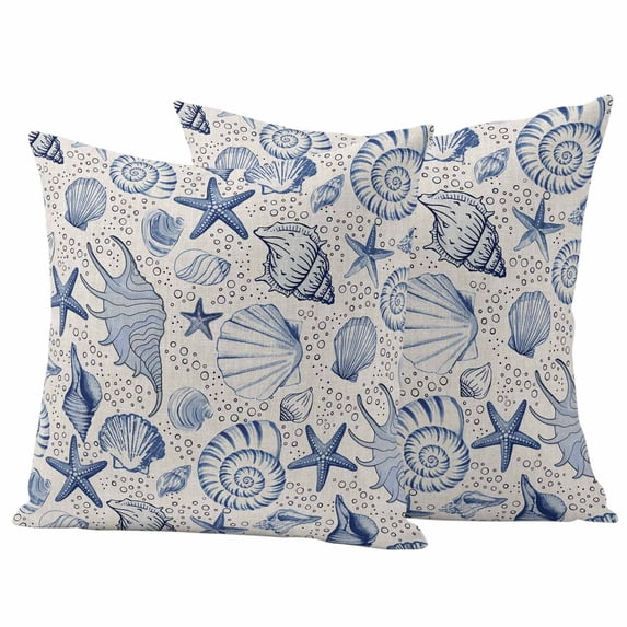 Navy Blue Coastal Outdoor Waterproof Pillow Covers, Nautical Ocean Shell Starfish Sea Rustic Decorative Square Throw Pillowcase Sofa Cushion Sham for Patio/Couch/Chair, 24"x24" 2 Pack