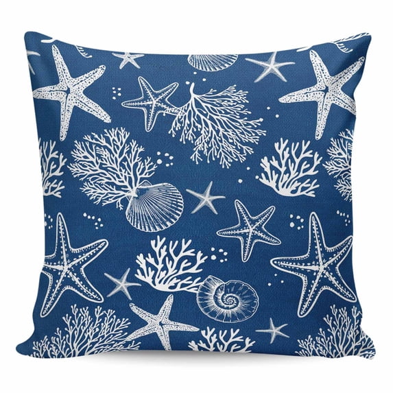 Navy Blue Coastal Pillow Covers 18x18 Inch Decorative Throw Pillow Cover, Nautical Beach Starfish Coral Summer Sofa Pillowcases Accent Cushion Case Home Decor Bedroom Living Room