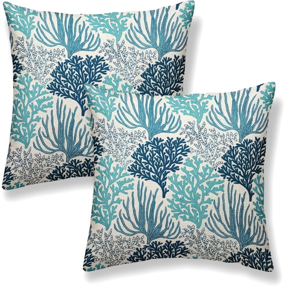 Navy Blue Coastal Pillow Covers 20x20 Inch 2 Pcs Sea Aqua Teal Coral Decor Throw Pillows Nautical Ocean Themed Summer Outdoor Holiday Decoration Pillowcase Linen Cushion Cover for Couch Sofa