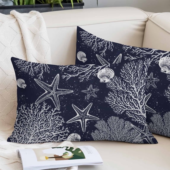 Navy Blue Coastal Pillow Covers Queen, Starfish Coral Summer Beach Ocean Soft Brushed Microfiber Breathable Throw Pillow Covers, Pillowcase with Zipper for Couch Sofa Bedroom Living Room 20"x30"
