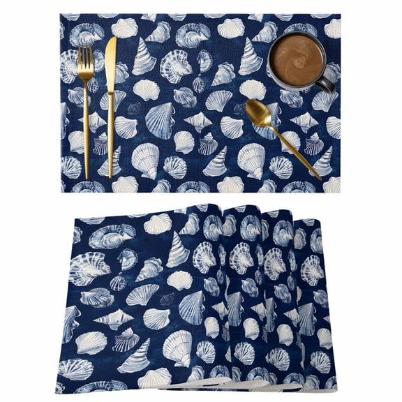 Navy Blue Coastal Placemats Set of 12 Shell Conch Summer Beach Nautical Place Mats Indoor Wipeable Table Mats Washable Cloth Dining Table Placemats for Kitchen Holiday Party Home Decor 13x19 Inch
