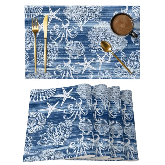 Navy Blue Coastal Placemats Set of 4 Nautical Coral Starfish Shell Octopus Sea Place Mats Indoor Wipeable Table Mats Washable Dining Table Placemats for Kitchen Holiday Party Home Decor 13x19 Inch