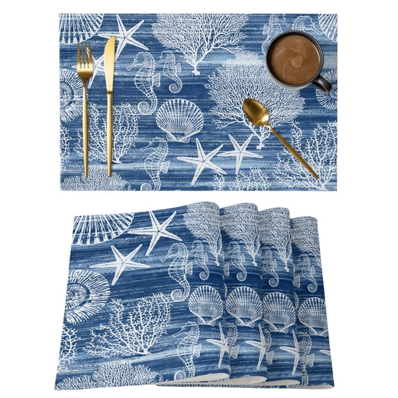 Navy Blue Coastal Placemats Set of 4 Nautical Coral Starfish Shell Seahorse Ocean Place Mats Indoor Wipeable Table Mats Washable Dining Table Placemats for Kitchen Holiday Party Home Decor 13x19 Inch