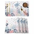 thumbnail image 1 of Navy Blue Coastal Placemats Set of 8, Coral Turtle Starfish Jellyfish Placemats for Dining Table, Place Mats for Kitchen Tabletop, Waterproof Wipeable Dining Table Mats Set, 1 of 9