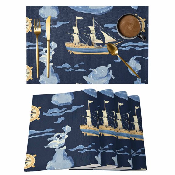 Navy Blue Coastal Placemats Set of 8 Nautical Modern Art Boat Compass Place Mats Indoor Wipeable Table Mats Washable Cloth Dining Table Placemats for Kitchen Holiday Party Home Decor 13x19 Inch