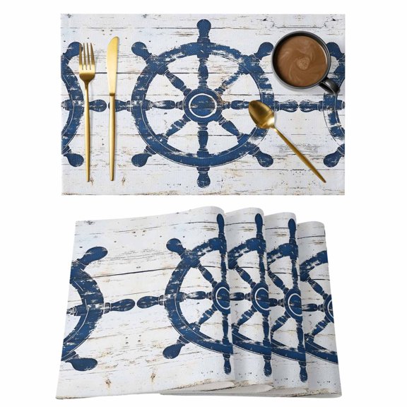 Navy Blue Coastal Placemats Set of 8 Vintage Nautical Summer Rudder Place Mats Indoor Wipeable Table Mats Washable Cloth Dining Table Placemats for Kitchen Holiday Party Home Decor 13x19 Inch