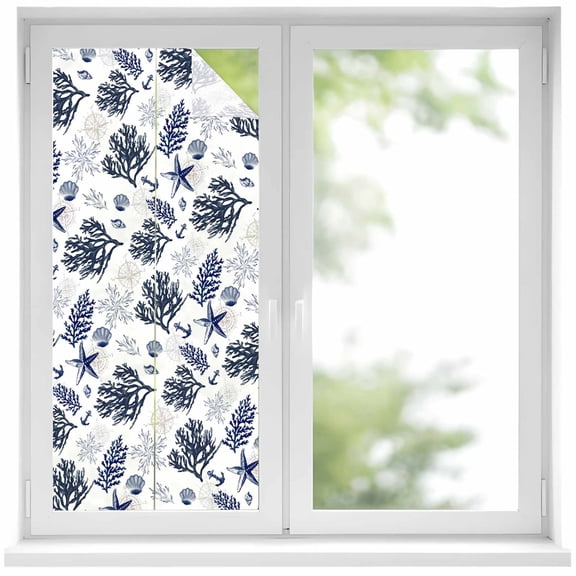 Navy Blue Coastal Privacy Window Film, Decorative Frosted Glass Window Film, Coral Shell Summer Beach Nautical Reusable Peel and Stick Static Cling for Home Bathroom Office Glass Door 17.7"x39.3"
