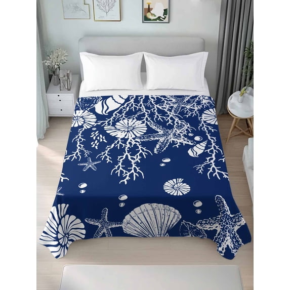 Navy Blue Coastal Queen Size Flat Sheet, Wrinkleproof & Fadeproof Cooling Flat Bed Sheet Only, Starfish Coral Ocean Conch Sea Nautical Breathable Soft Bedding Top Sheets 90 x 102 Inches