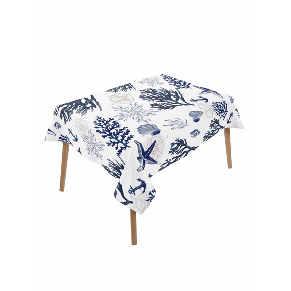 Navy Blue Coastal Rectangle Tablecloth, Coral Shell Summer Beach Nautical Waterproof & StainResistant Tablecloth, Washable Oil-proof Table Cover for Dining/Party/Wedding/Camping/Buffet 52x70 In