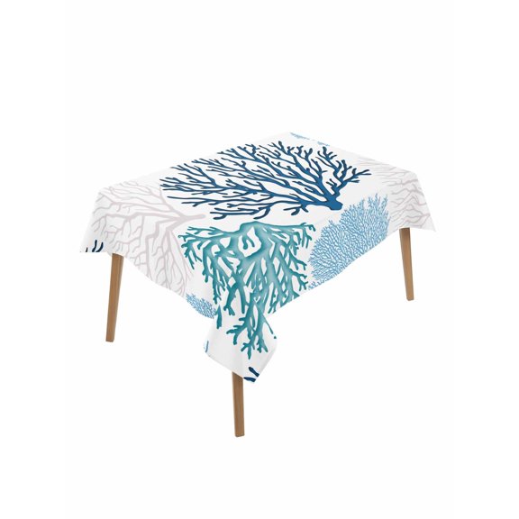 Navy Blue Coastal Rectangle Tablecloth, Turquoise Coral Ocean Modern Sea Waterproof & StainResistant Tablecloth, Washable Oil-proof Table Cover for Dining/Party/Wedding/Camping/Buffet 52x70 In