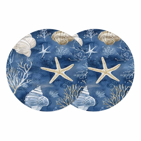 Navy Blue Coastal Round 13 Inch Placemats Set of 2, Nautical Beach Starfish Coral Summer HeatResistant Non Slip Place Mats for Dining Table, Wipeable Braided Kitchen Table Mats for Housewarming